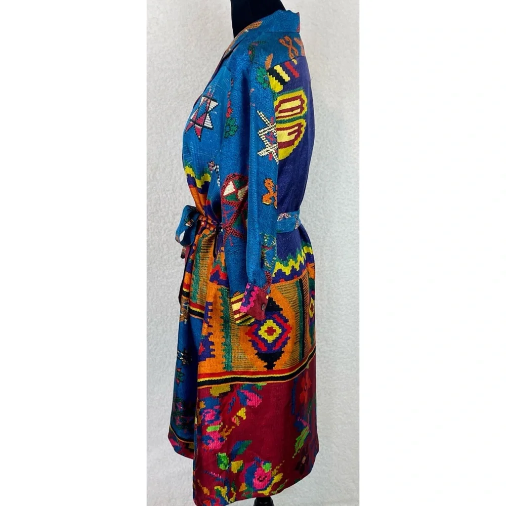 PIERRE-LOUIS MASCIA • Blue/Multi Ethnic 100% Silk Mini Dress, M - Picture 8 of 16